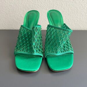 ZARA Rhinestone Mesh Green Slide Heels